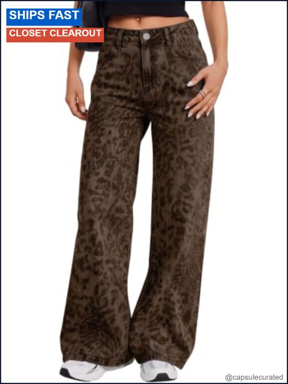 High Waisted Wide Leg Barrel Jeans Leopard Print Palazzo Trousers Pockets
